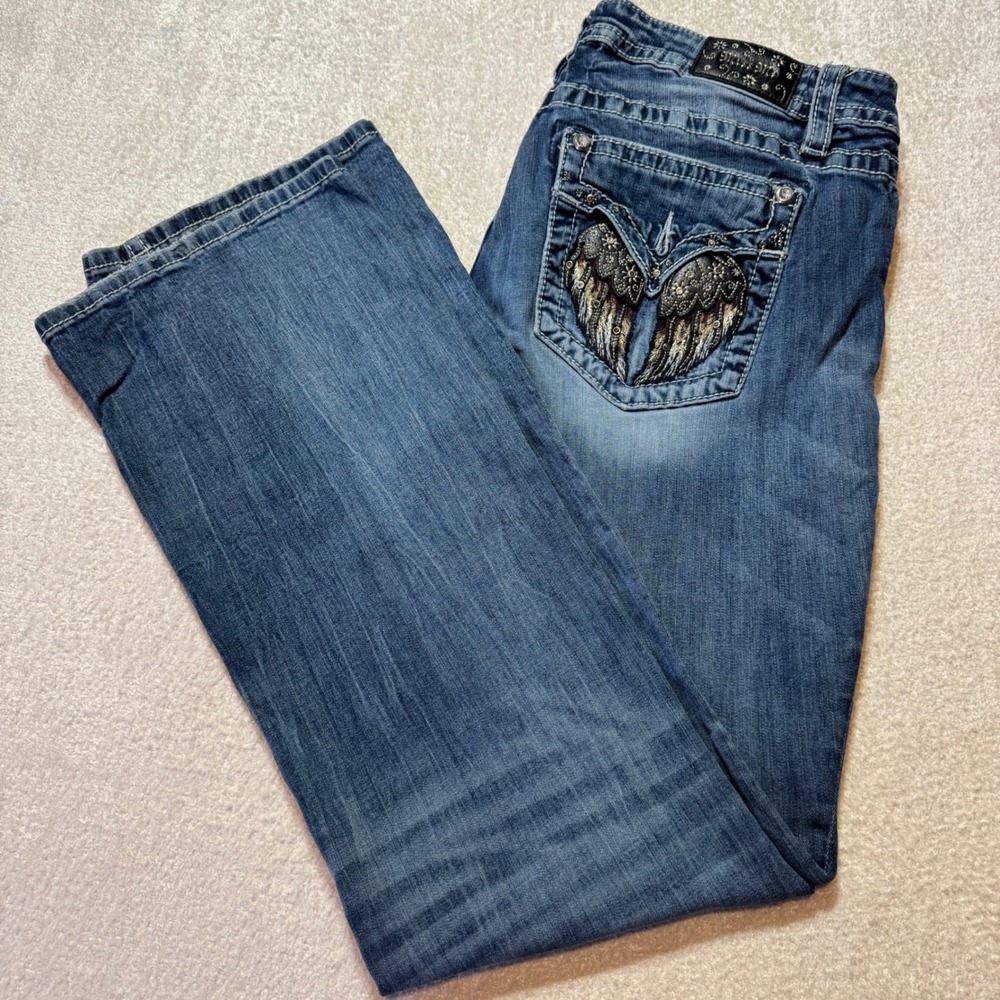 Miss Me M5082B111 Angel Wing Embellished Mid Rise Bootcut Jeans Size 34 Y2K